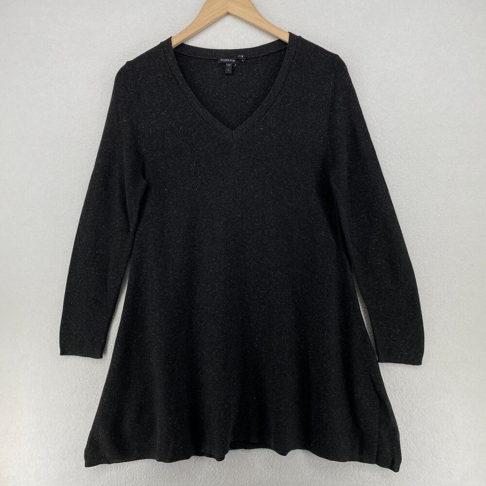 EILEEN FISHER Sweater S Speckled Tunic V-Neck Swing Pullover Charcoal